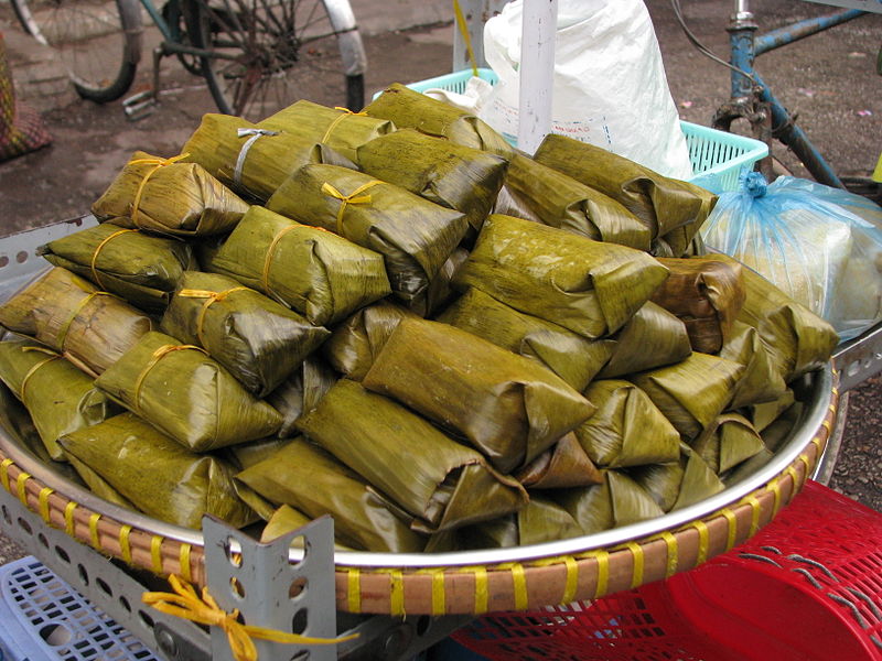 Sticky rice wrapped in banana leaves.